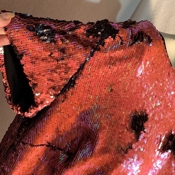 Iridescent Coral Black Midi Dress Mermaid Sequins - Picture 6 of 15